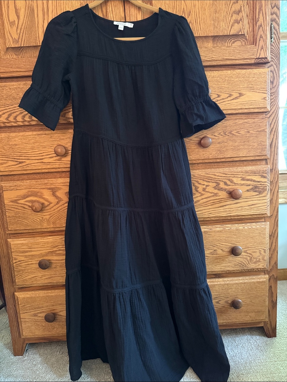 Chico's Black Tiered Maxi Dress with Puff Elbow Sleeves